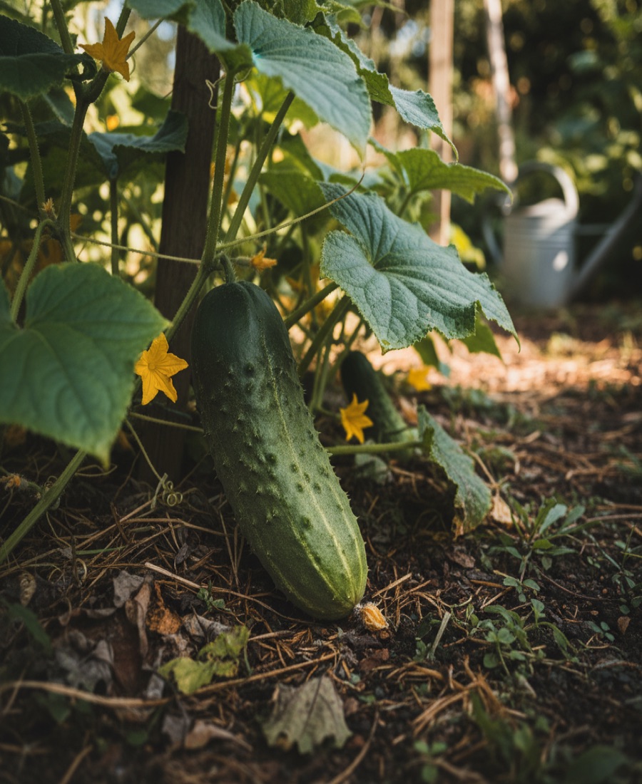 Cucumbers trained vertically to save ground space